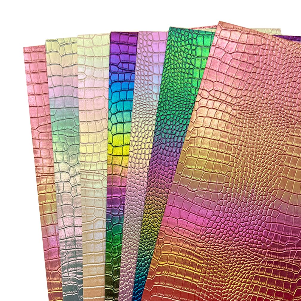 8 x 12 inches Holographic Iridescence Crocodile Faux Leather Sheets, 7pcs A4 Shiny Alligator Textured Synthetic Leather Fabric for Crafts Making Leather Earrings, Bows,Sewing ﻿