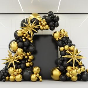 black and gold balloons with 3pcs starburst balloons, 5 10 12 18 inch black and gold balloons garland arch kit for birthday, new years, graduation and anniversary decorations supplies