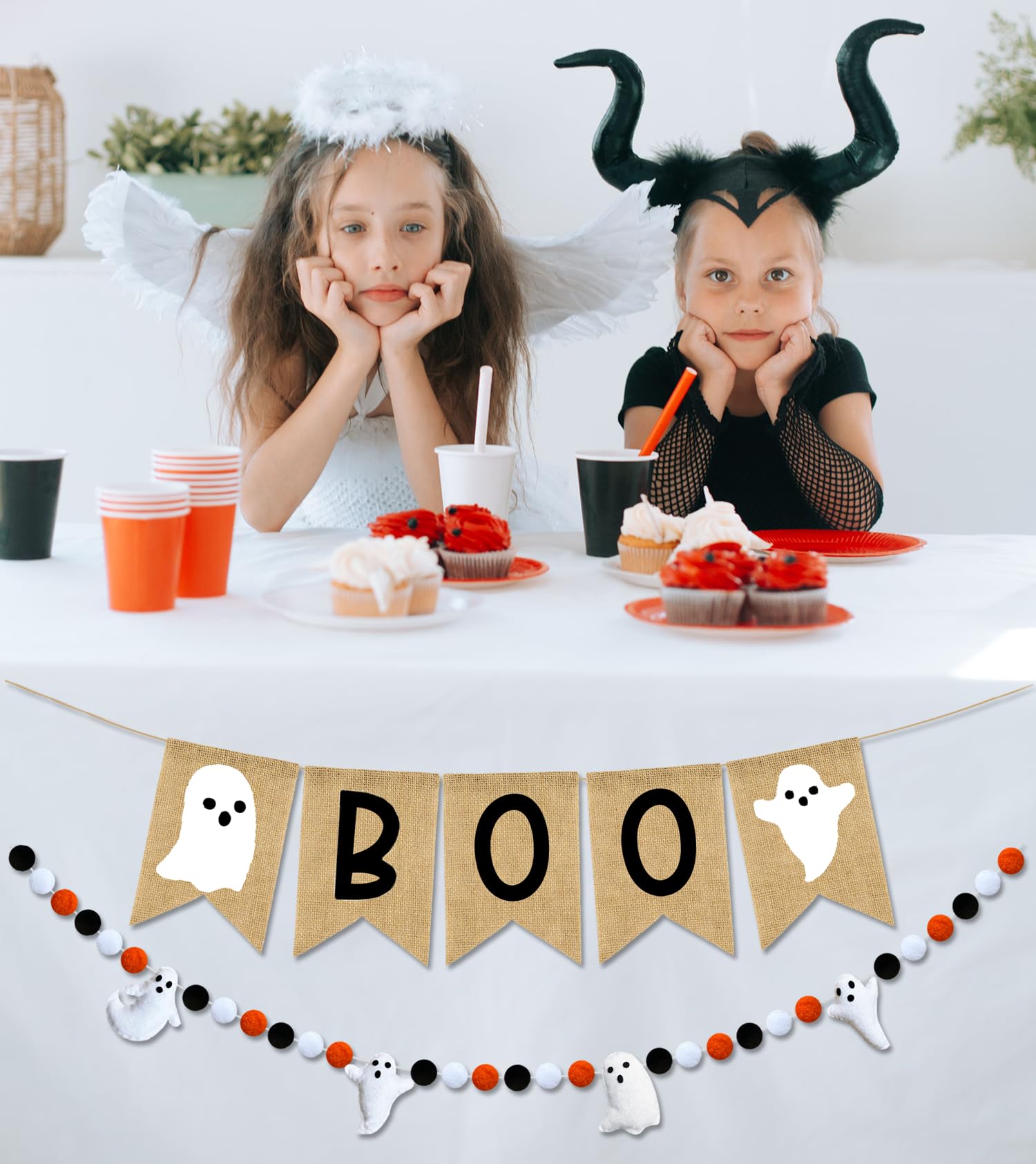 PTFNY Halloween Banner Burlap Boo Banner Ghost Felt Ball Banner Happy Halloween Banner Halloween Decor for Party Halloween Birthday Decorations