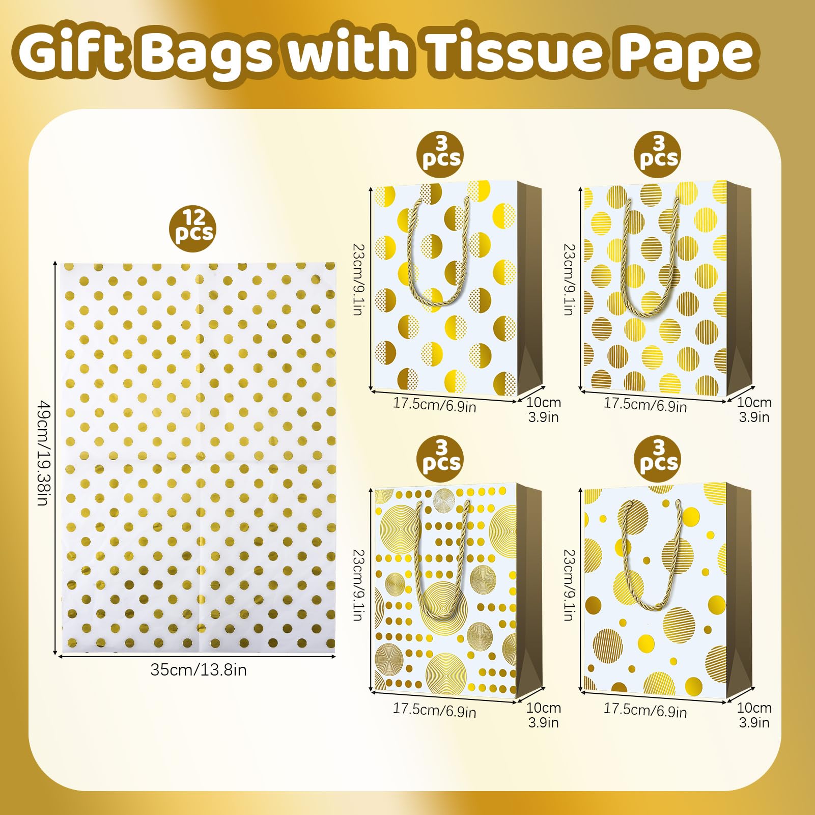 Fingertip WD 12 Pcs Medium Size Gift Bags with Tissue Paper, 9.1" x 6.9" x 3.9" Gold Gift Bags with Handles, Paper Gift Bags for Shopping, Wedding, Baby Shower, Holiday