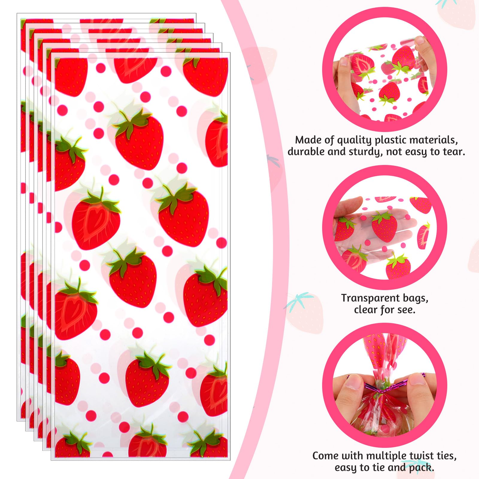 50 PCS Strawberry Cello Bags, Strawberry Cello Treat Bags Plastic Clear Goodie Candy Gift Treat Bags, Strawberry Goodie Bags with 50 Pieces Twist Tie for Strawberry Birthday Party Decoration