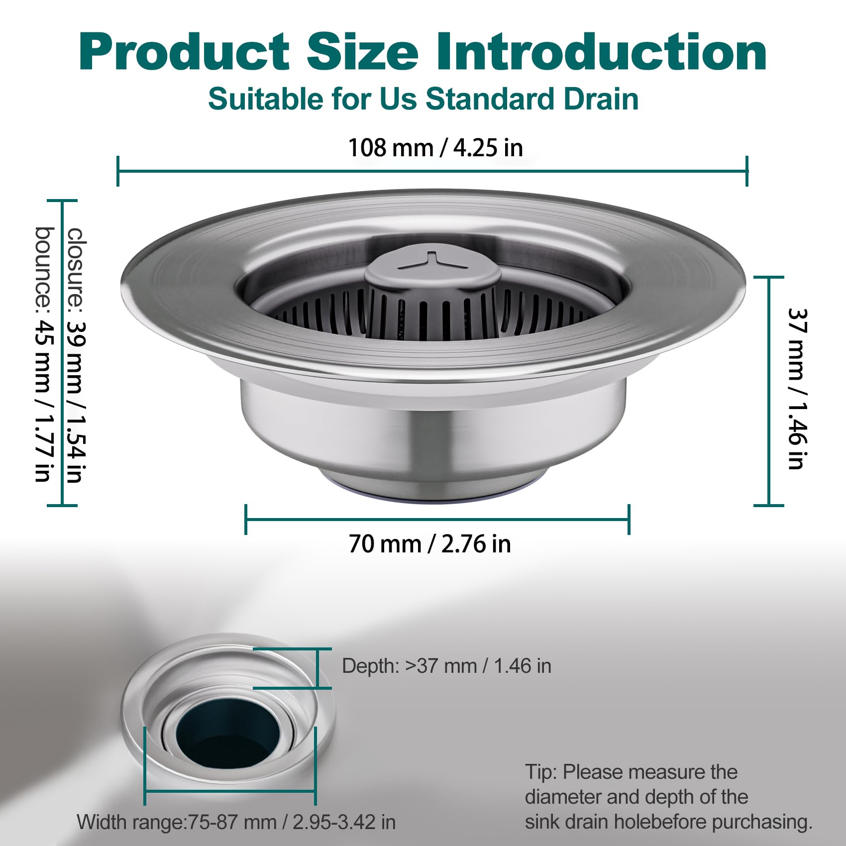 Silicone 3 in 1 Kitchen Sink Drain Strainer and Stopper Combo, 304 Stainless Steel Wraped Shell, Silicone Anti-Clogging Basket Strainer, with Handle for US Standard 3-1/2 Inch Drain