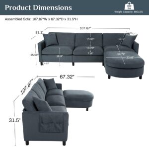 Nolohoo L Shaped Sectional Couch with Movable Ottoman, Modern Comfy Chenille 3-Seat Sofa with Reversible Chaise 2 Pillows, Upholstered Deep Seat Sofa for Living Room Apartment, Gray