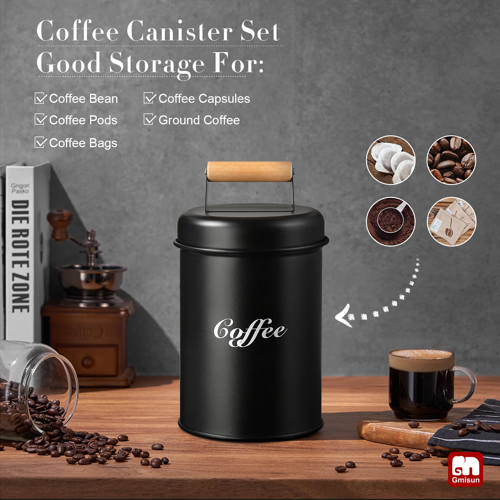 GMISUN Coffee Canister, 33fl oz/1L Black Coffee Grounds Container for Coffee Station, Airtight Coffee Bean Storage as Coffee Bar Organizer, Sealed Coffee Holder for Countertop, Coffee Bar Accessories