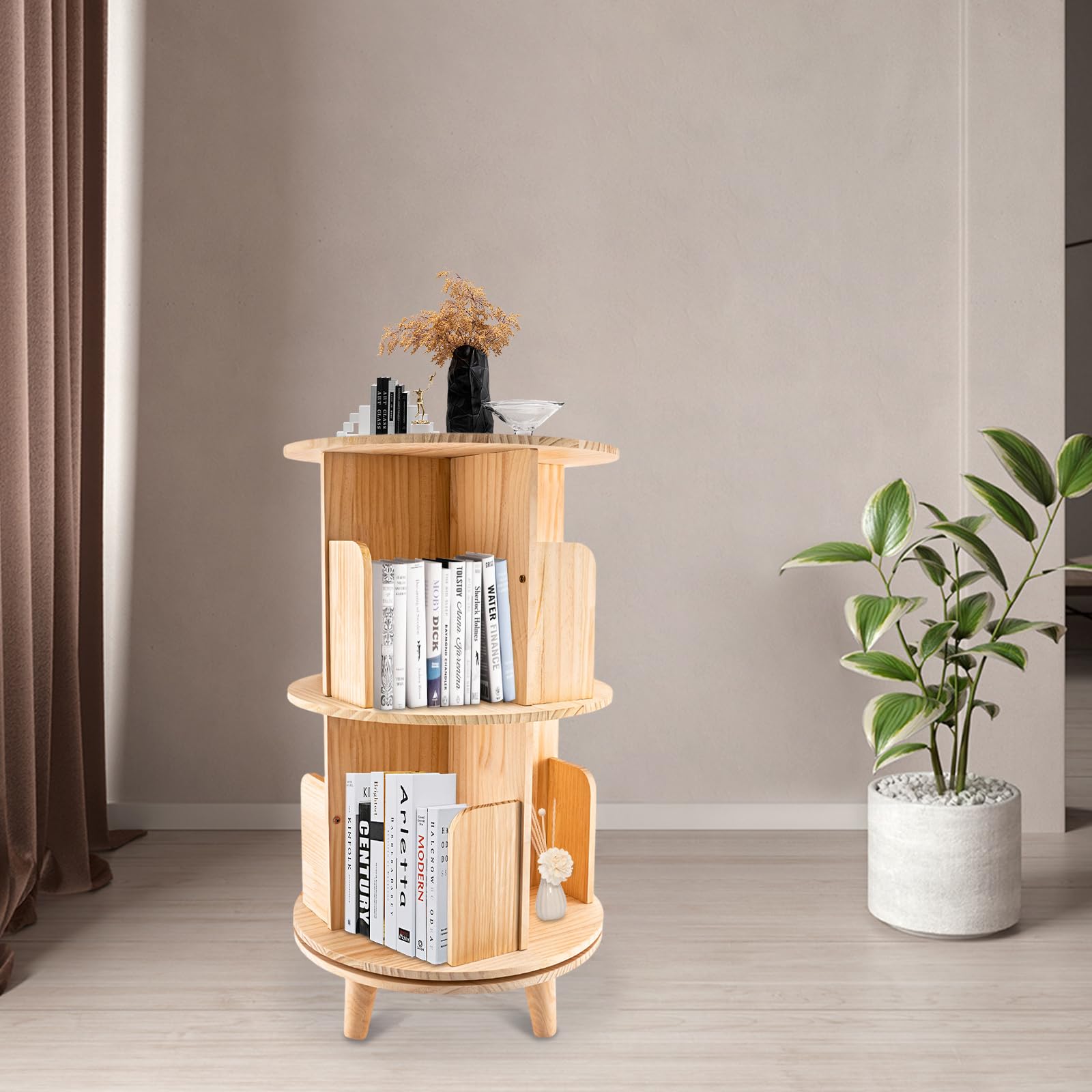 BYGOVICE Pine Wood Rotating Bookshelf Tower with 2 Tiers, Spinning Bookshelf 360 Display Floor Standing, Multi-Functional Bookshelf Organizer for Corridors, Balconies, Living Rooms, Study Rooms