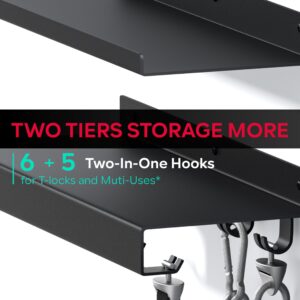 Crostice 2-Tier Metal Shelf Compatible with Tonal Accessories, Floating Shelf Organizer for Home Gym Storage, T-Locks Adapter Bracket Hanger, Gym Rack Wall Mounted with Hooks, Workout Shelf Holder