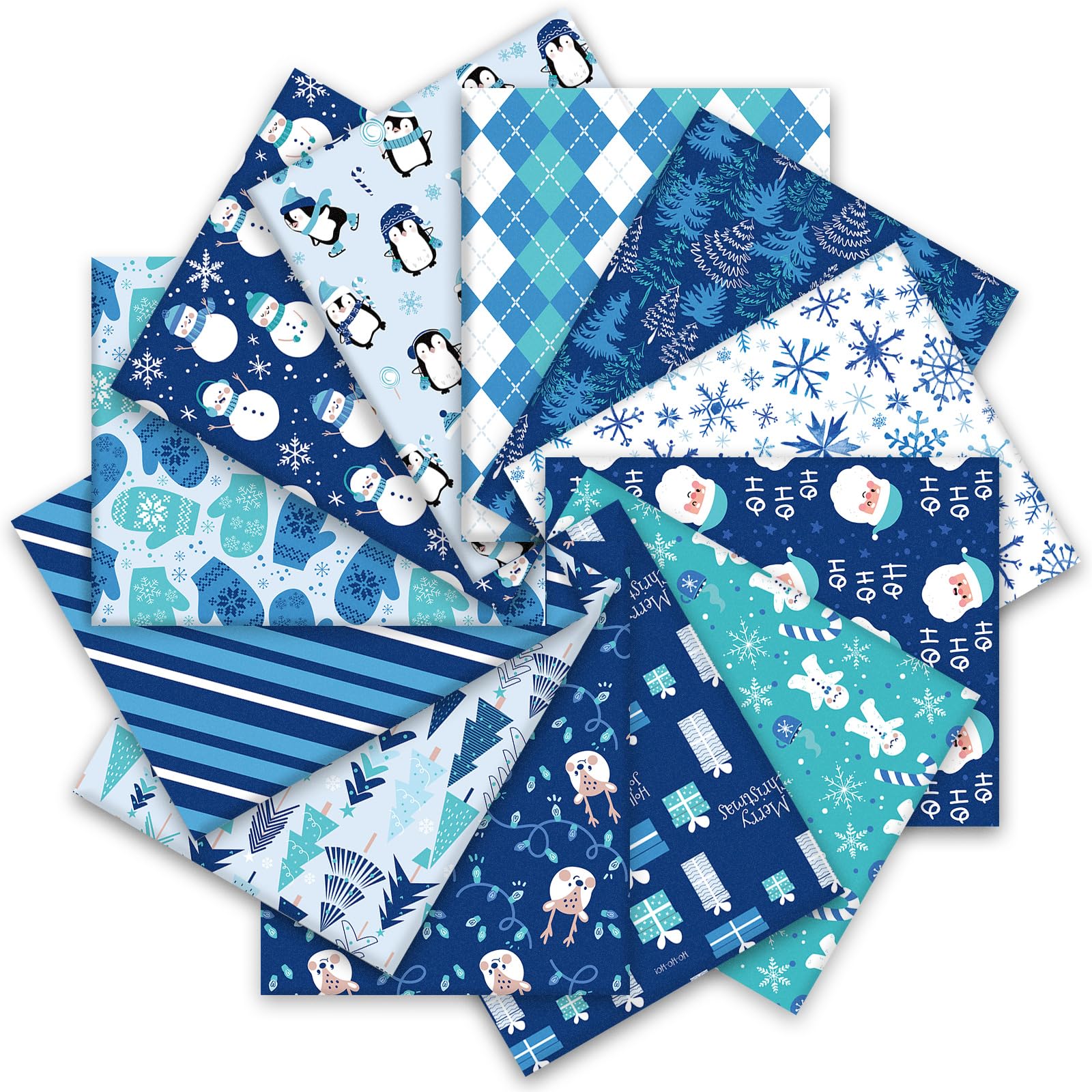 JarThenaAMCS 12Pcs Winter Cotton Fabric Bundles 18 x 22 Inch Snowflake Snowman Santa Penguin Fat Quarters Blue White Sewing Fabrics for Xmas Winter DIY Craft Party Decor