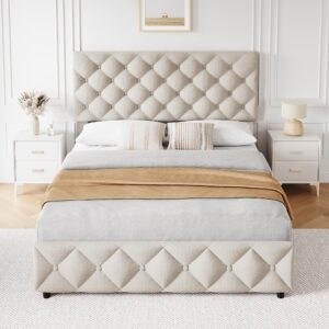 IDEALHOUSE Queen Size Bed Frame with 4 Storage Drawers, Linen Upholstered Platform Bed Frame with Adjustable Headboard, Diamond Stitched Button Tufted, No Box Spring Needed, Off White