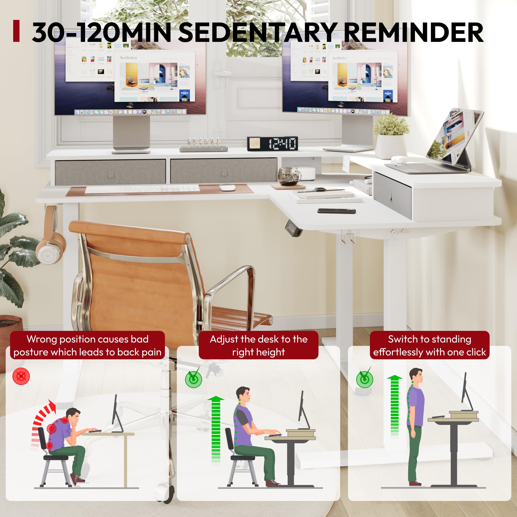 SANODESK 55" L Shaped Standing Desk with 3 Drawers, Height Adjustable Stand up Desk, Corner Gaming Desk with Monitor Stand, White Frame/White Top