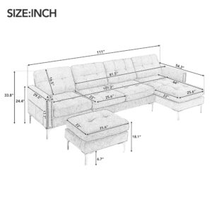 Favfurish 110" L Shape Convertible Sectional Sofa with Movable Ottoman，Velvet U-Shape Modular Couch，for Living Room,Apartment, Office，Green