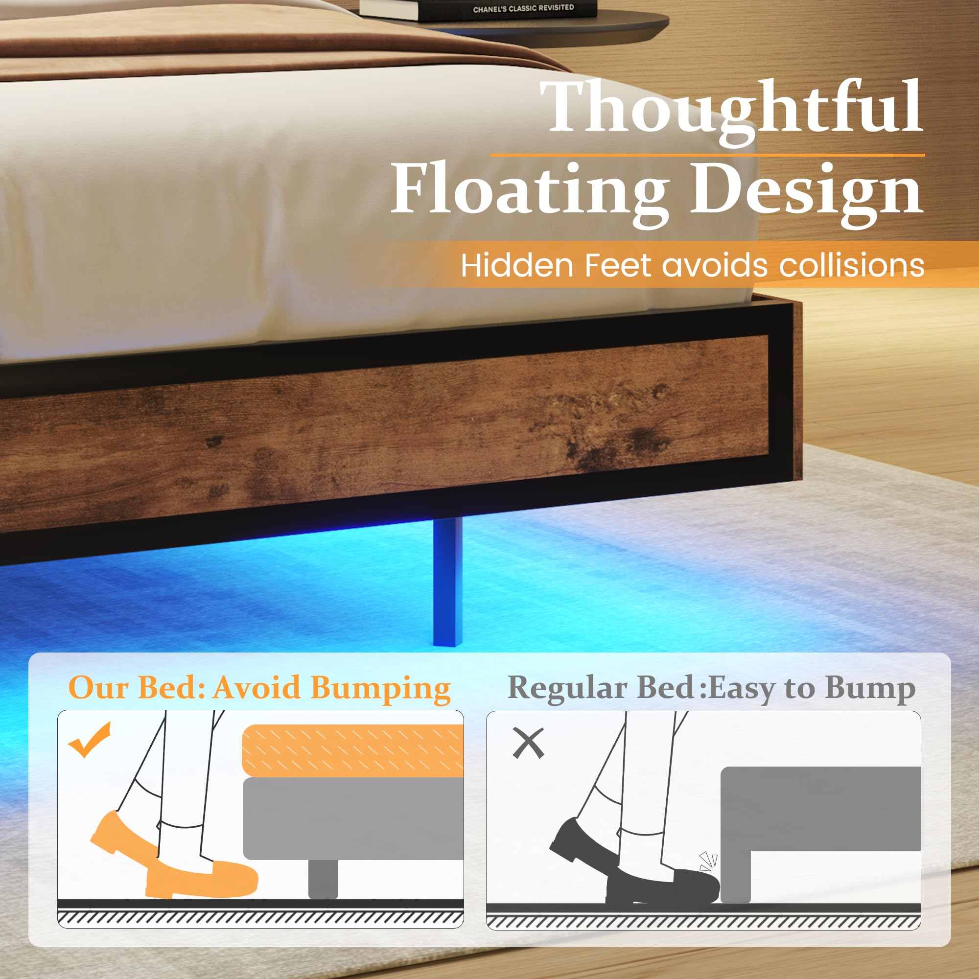 HISOFT Floating Queen Bed Frame with 2-Tier Storage Headboard, Metal Queen Bed with Charging Station & LED, No Box Spring Needed, Noise Free, Easy to Assemble, Vintage Brown