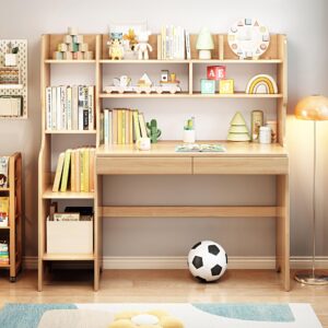 BALANBO Kids Desk Kids Table with Drawers and Bookshelf Rubber Wood Kids Media Desk Student Learning Computer Workstation and Writing Desk (Natural)