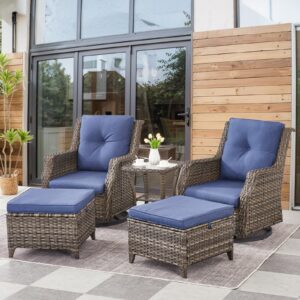 bellefurn patio furniture set 2 swivel glider patio chairs 2 rattan ottomans with wicker side table 5pcs grey wicker blue cushions patio conversation set for garden balcony sunroom backyard