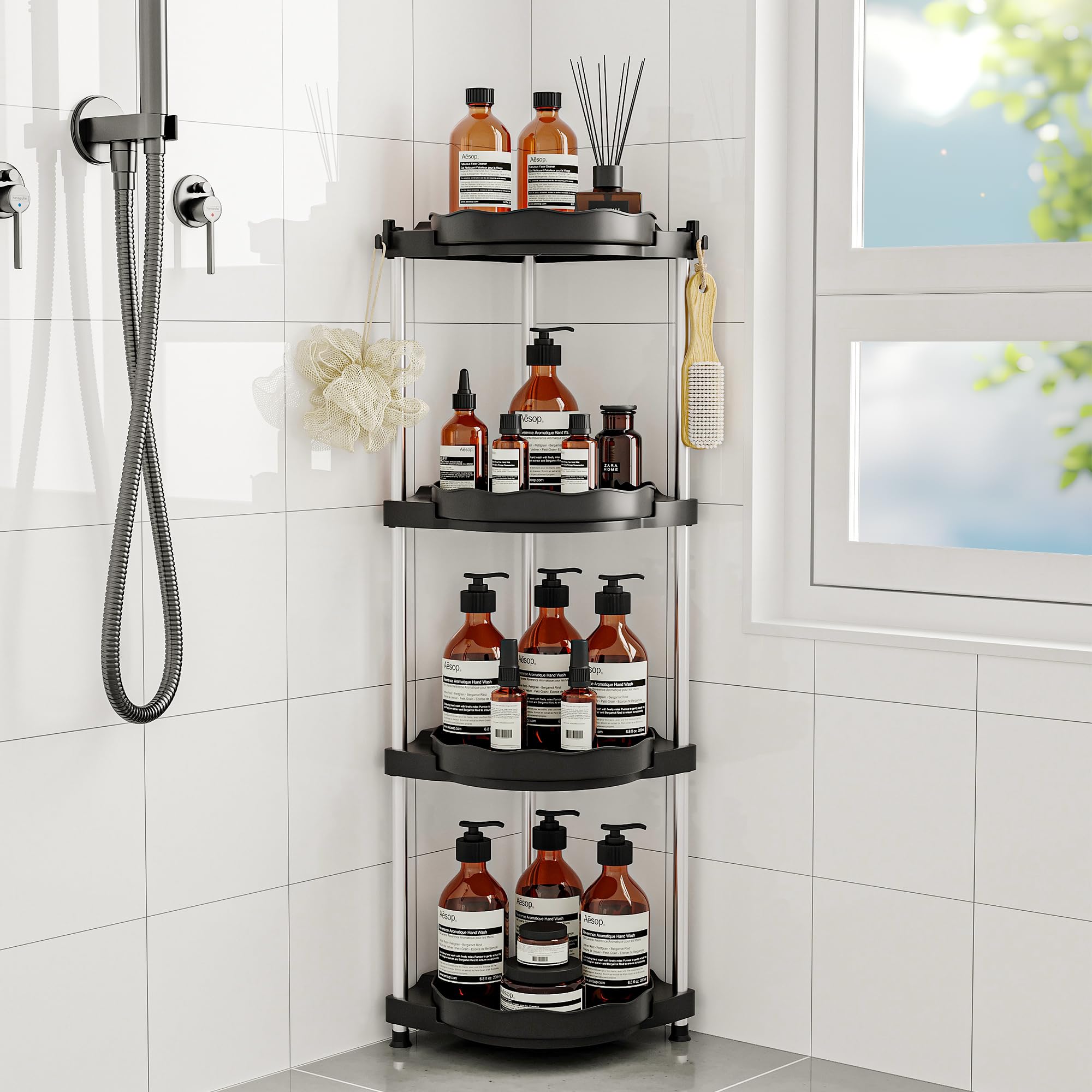 MOSAMNI Corner Shower Caddy Standing, 4-Tiers Rotating Shower Organizer Shelves Stand with Hooks, Large Floor Shower Shelf Bath Holder Rack Storage for Home Bathroom Kitchen Decor, Black