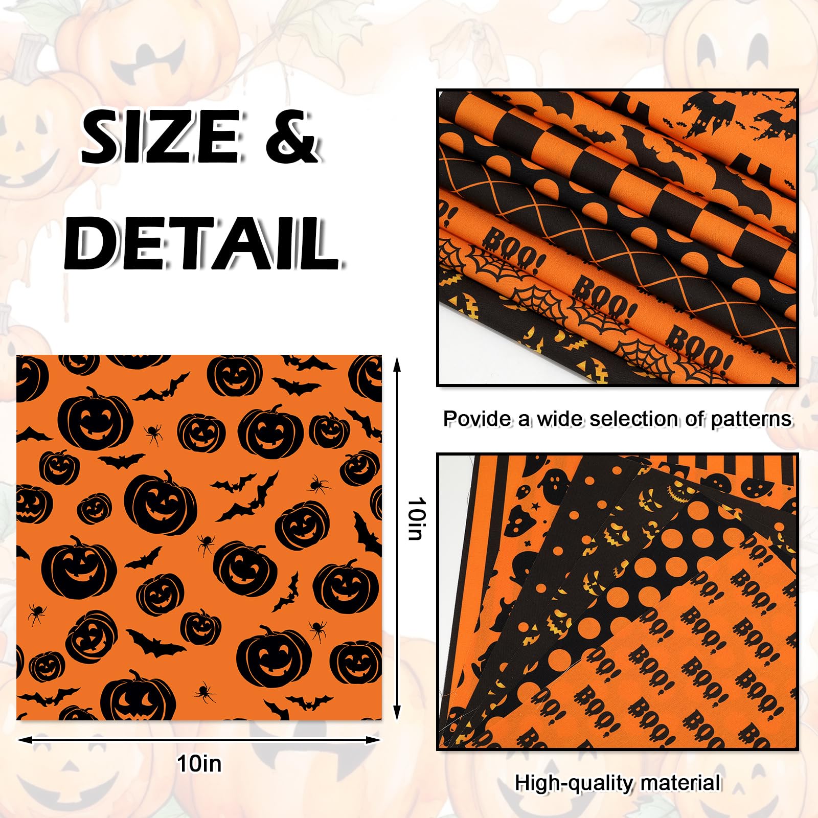 JarThenaAMCS 60Pcs Halloween Cotton Fabric Bundles 10 x 10 Inch Pumpkin Spider Ghost Fat Quarters Black Orange Sewing Fabrics for DIY Craft Party Decor