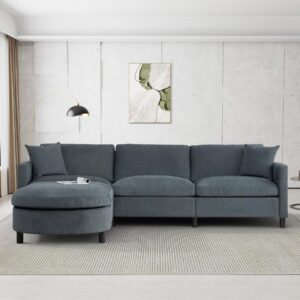 nolohoo l shaped sectional couch with movable ottoman, modern comfy chenille 3-seat sofa with reversible chaise 2 pillows, upholstered deep seat sofa for living room apartment, gray