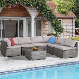 porwey patio outdoor furniture set 7 pieces rattan wicker sectional sofa couch conversation set with table for deck lawn, gray wicker/gray cushion