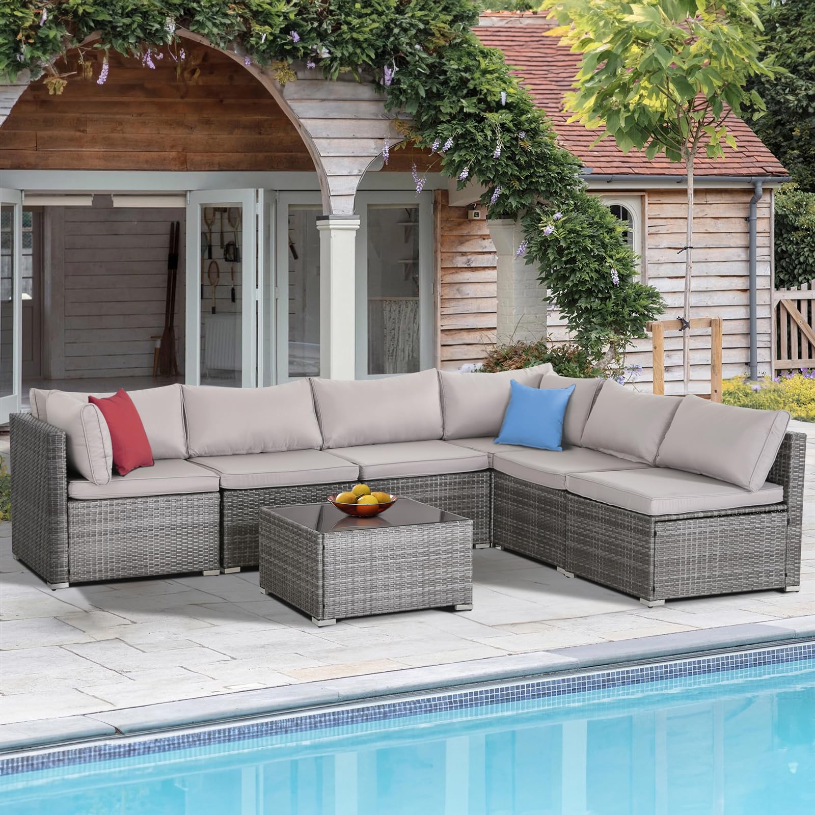 PORWEY Patio Outdoor Furniture Set 7 Pieces Rattan Wicker Sectional Sofa Couch Conversation Set with Table for Deck Lawn, Gray Wicker/Gray Cushion