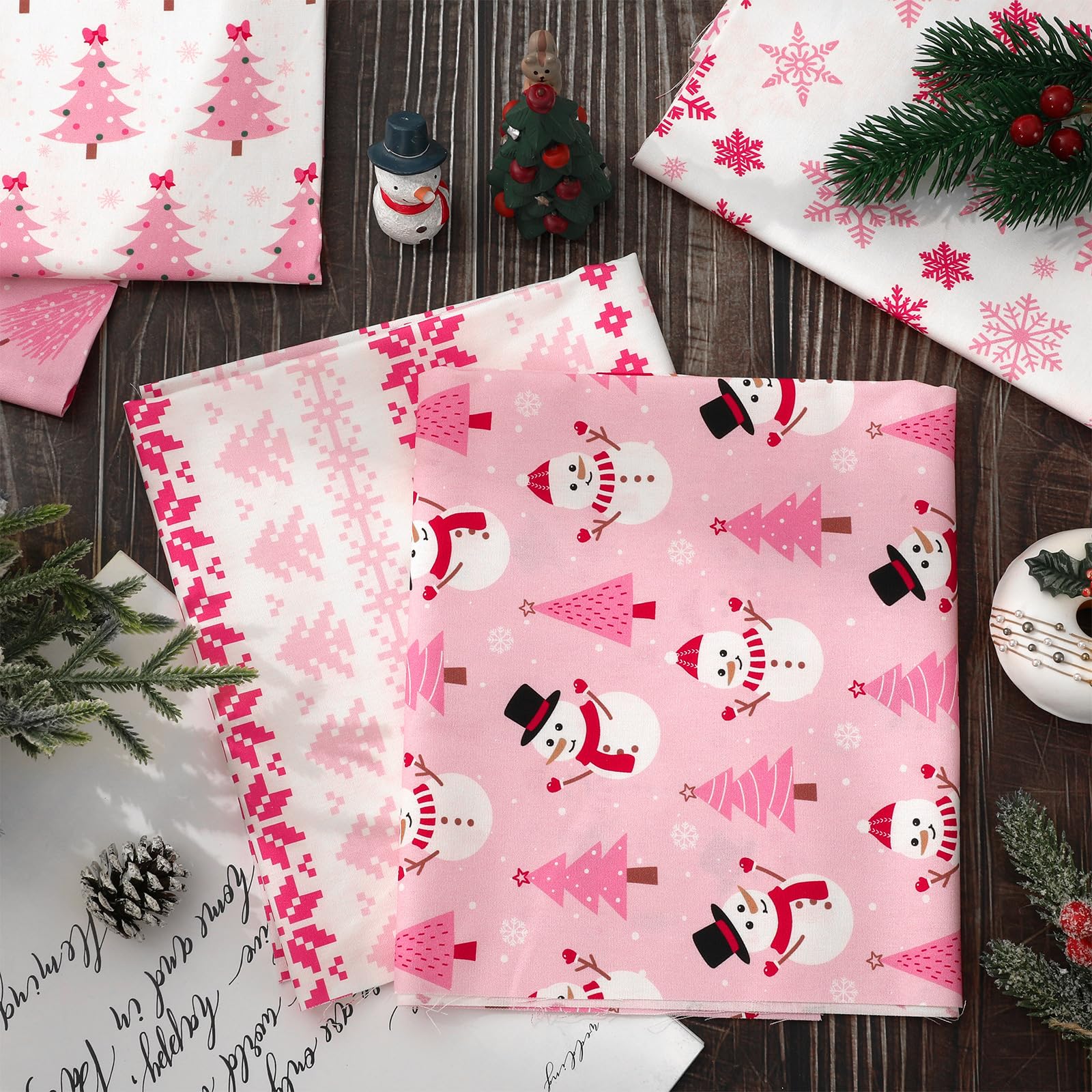 JarThenaAMCS 12Pcs Pink Christmas Cotton Fabric Bundles 18 x 22 Inch Xmas Tree Santa Snowflake Fat Quarters Pink White Sewing Fabrics for Xmas Winter DIY Craft Party Decor