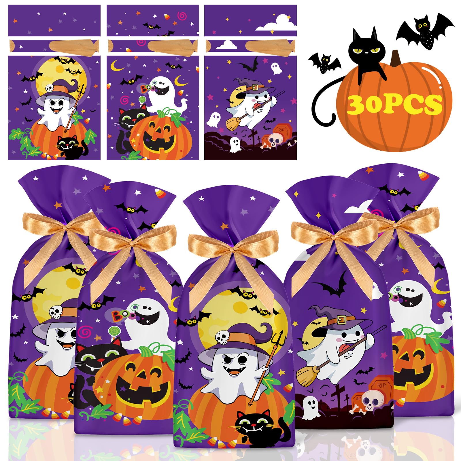 PADELO 30 Pcs Halloween Goodie Bags - Happy Halloween Treat Bags Bulk, Plastic Halloween Drawstring Gift Goody Candy Cookies Party Favor Bags for Kids Trick or Treat Halloween Party Favors Supplies