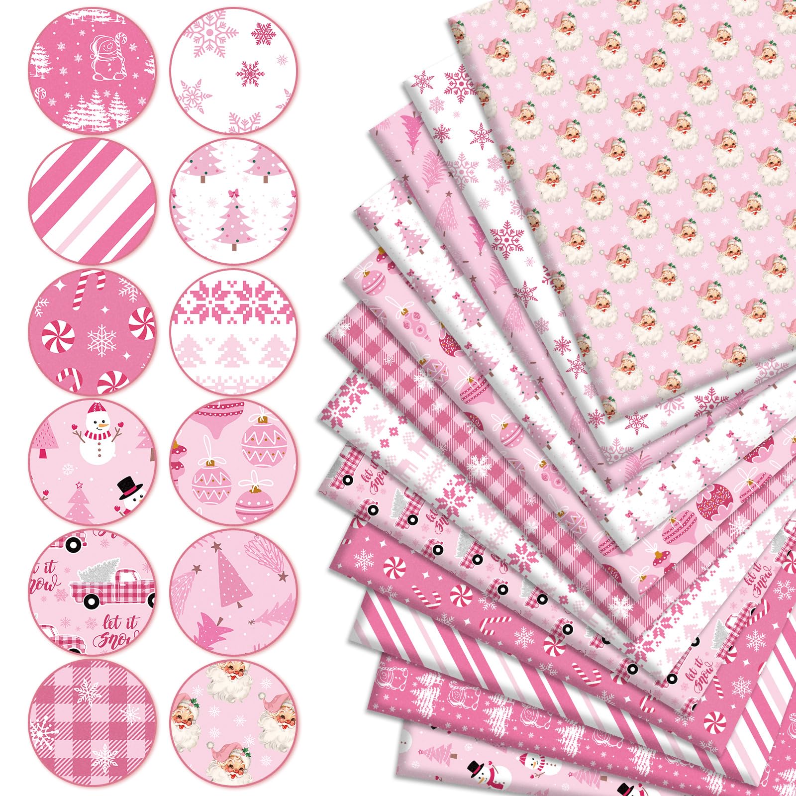 JarThenaAMCS 12Pcs Pink Christmas Cotton Fabric Bundles 18 x 22 Inch Xmas Tree Santa Snowflake Fat Quarters Pink White Sewing Fabrics for Xmas Winter DIY Craft Party Decor