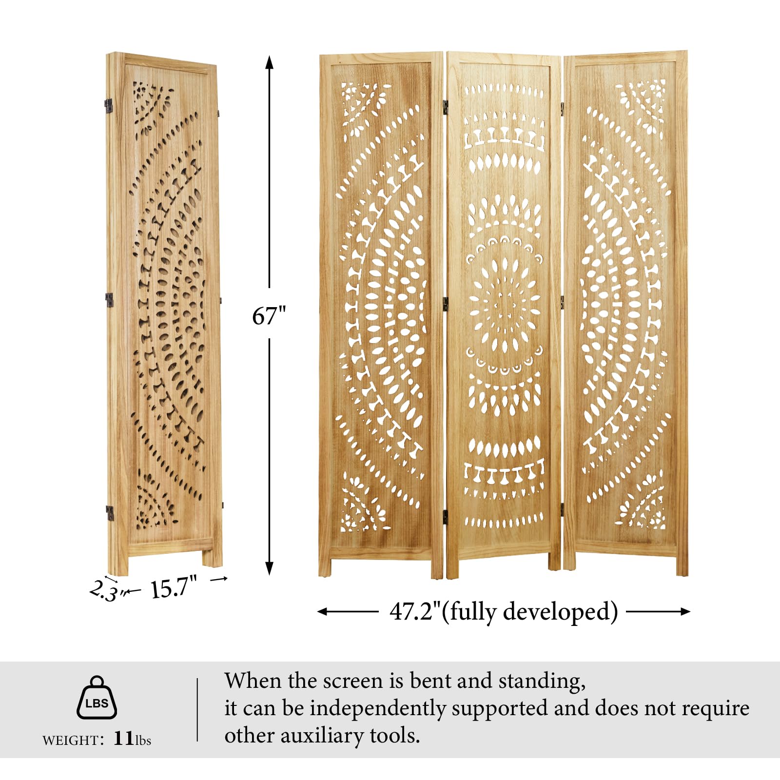 66.9Inch Folding Room Divider, 3 Panels Wood Carved Privacy Screens, Free Assembled Freestanding Partition for Home Office Restaurant Bedroom (Natural)