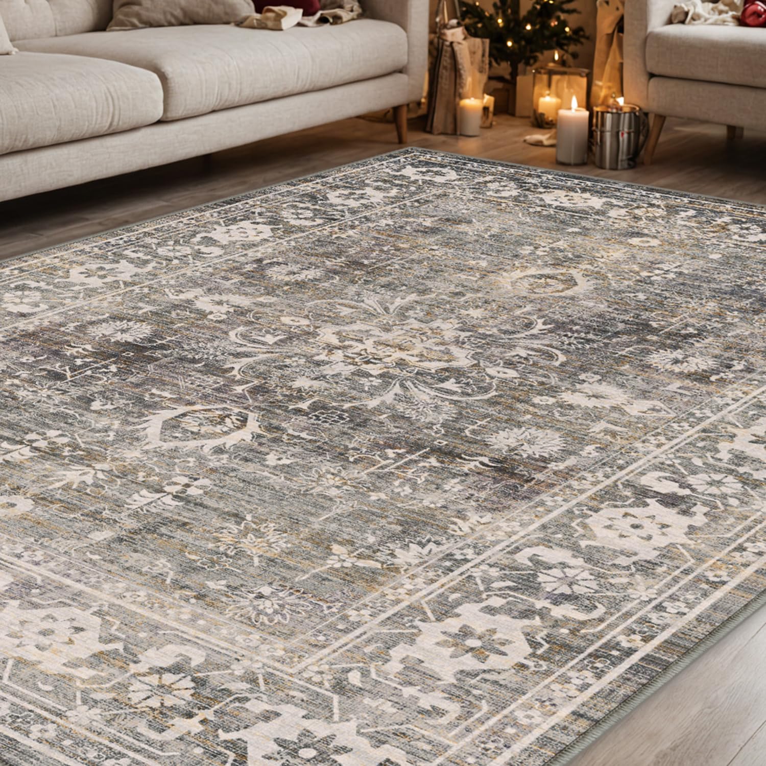 DEXI Area Rug 5x8, Washable Rugs Living Room Dining Room Bedroom Bedside, Non-Shedding Low-Pile Shag Soft Large Carpet Mat for Inside Floor, Beige Grey