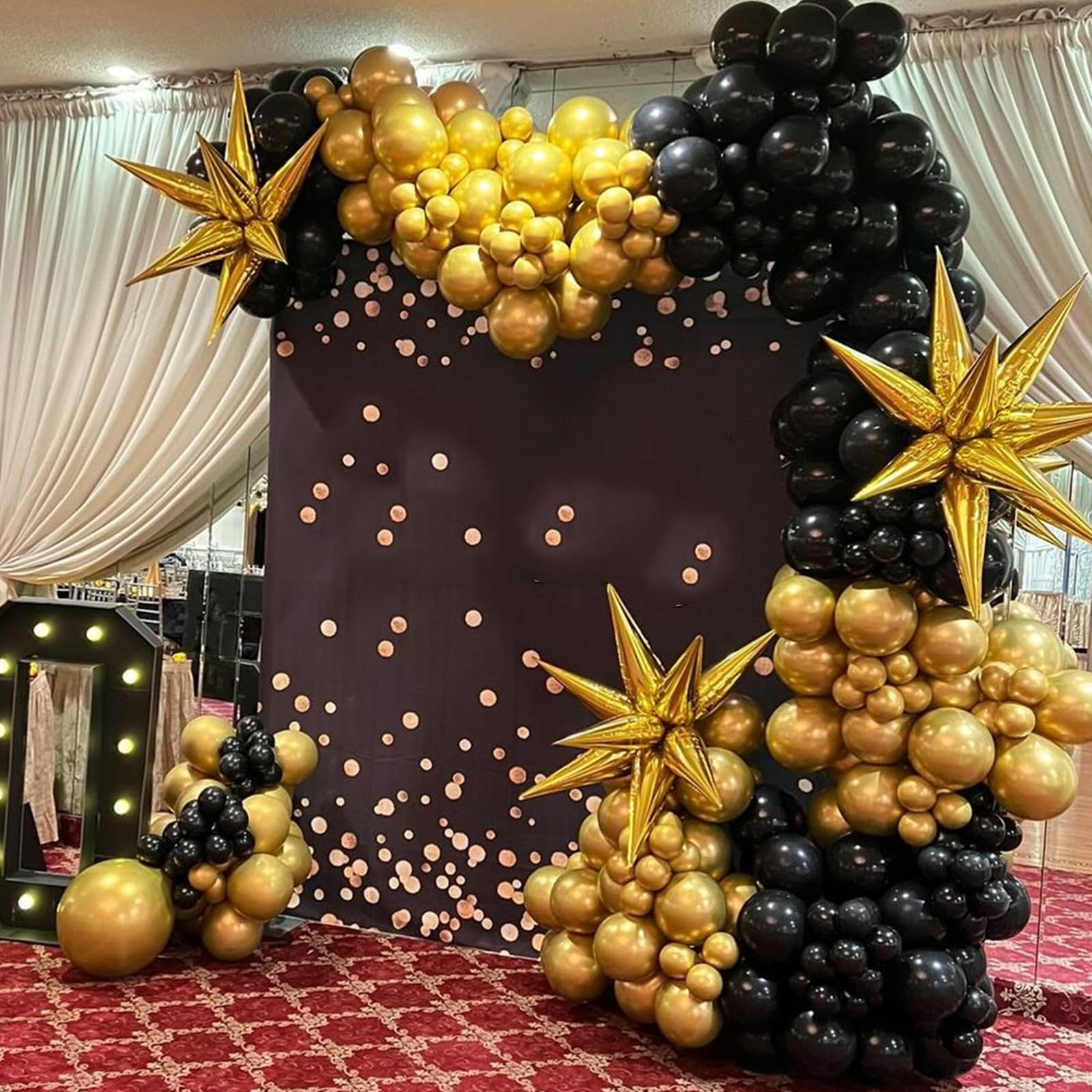 Black and Gold Balloons with 3pcs Starburst Balloons, 5 10 12 18 inch Black and Gold Balloons Garland Arch Kit for Birthday, New Years, Graduation and Anniversary Decorations Supplies