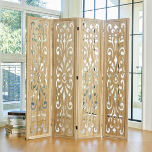 Svimi Folding Room Divider, 66.9 Inch Wood Carved Privacy Screens, Free Assembled Freestanding Portable Classical Decorative Partition for Home Office Restaurant Bedroom (4 Panels, Natural)