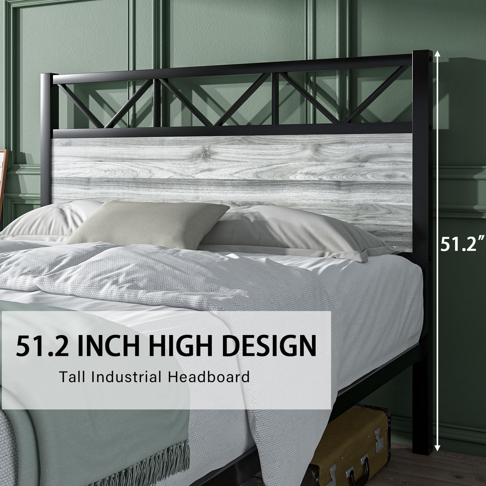 CHABUILDREARK Queen Bed Frame, Industrial 51.2" Platform Bed, Tall Headboard Queen Bed Frame with Strong Metal Support, No Box Spring Needed, Easy Assembly, Wash Grey