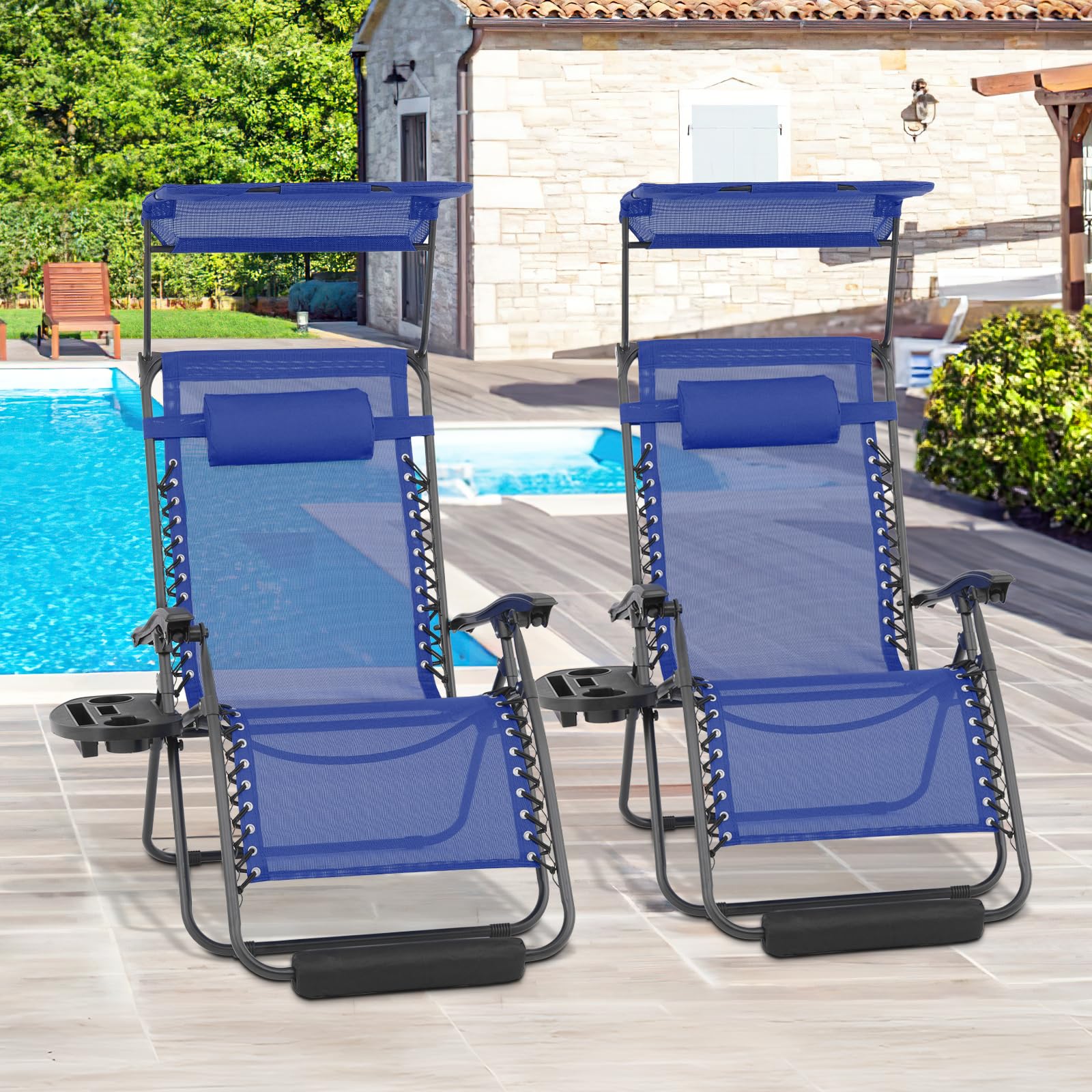 Magshion Oversized Zero Gravity Chairs Set of 2 with Canopy, Foldable Patio Recliner with Foot Rest, 29-Inch, Blue