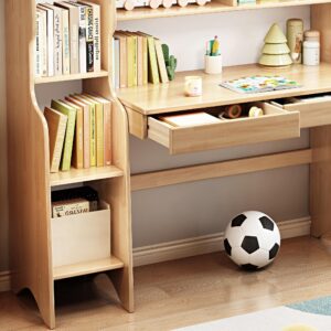 BALANBO Kids Desk Kids Table with Drawers and Bookshelf Rubber Wood Kids Media Desk Student Learning Computer Workstation and Writing Desk (Natural)