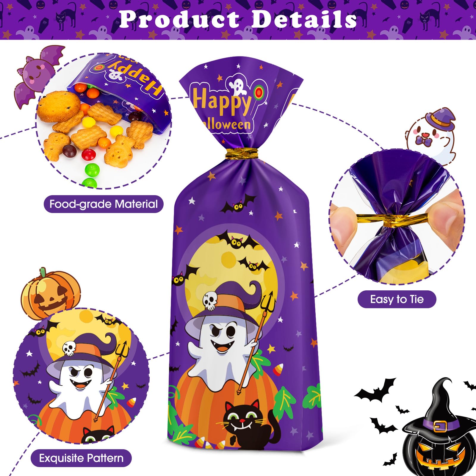 PADELO 60 Pcs Halloween Treat Bags - Cute Happy Halloween Candy Bags, Plastic Halloween Cellophane Goodie Gift Goody Bags with Golden Twist Ties for Halloween Themed Party Supplies Favors, 4 Styles