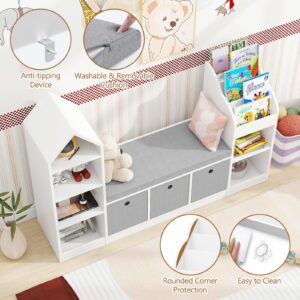 Vabches Toy Storage Organizer for Kids Bookshelf with Reading Nook, Multifunctional Kids Bookcase with 9 Storage Cubbies 3 Drawers and Large Seat Cushion for Keeping Kids' Toys Books Organized, White