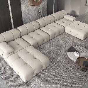 JACH 138" Modular Sectional Couch, U-Shaped Minimalist Velvet Sofas with Chaise Ottomans, Convertible Modern Deep 6-Seat Sofas Furniture for Living Room, Apartment (Beige)