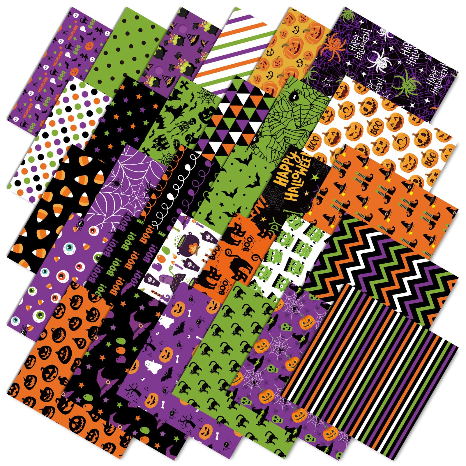 JarThenaAMCS 60Pcs Halloween Cotton Fabric Bundles 10 x 10 Inch Halloween Character Fat Quarters Green Purple Black Orange Sewing Fabrics for DIY Craft Party Decor