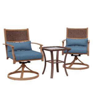 amopatio 3 pieces patio swivel chairs set of 2 with wicker table, bistro set with swivel rocker chair, outdoor furniture with thickened cushions for porch backyard deck (blue)