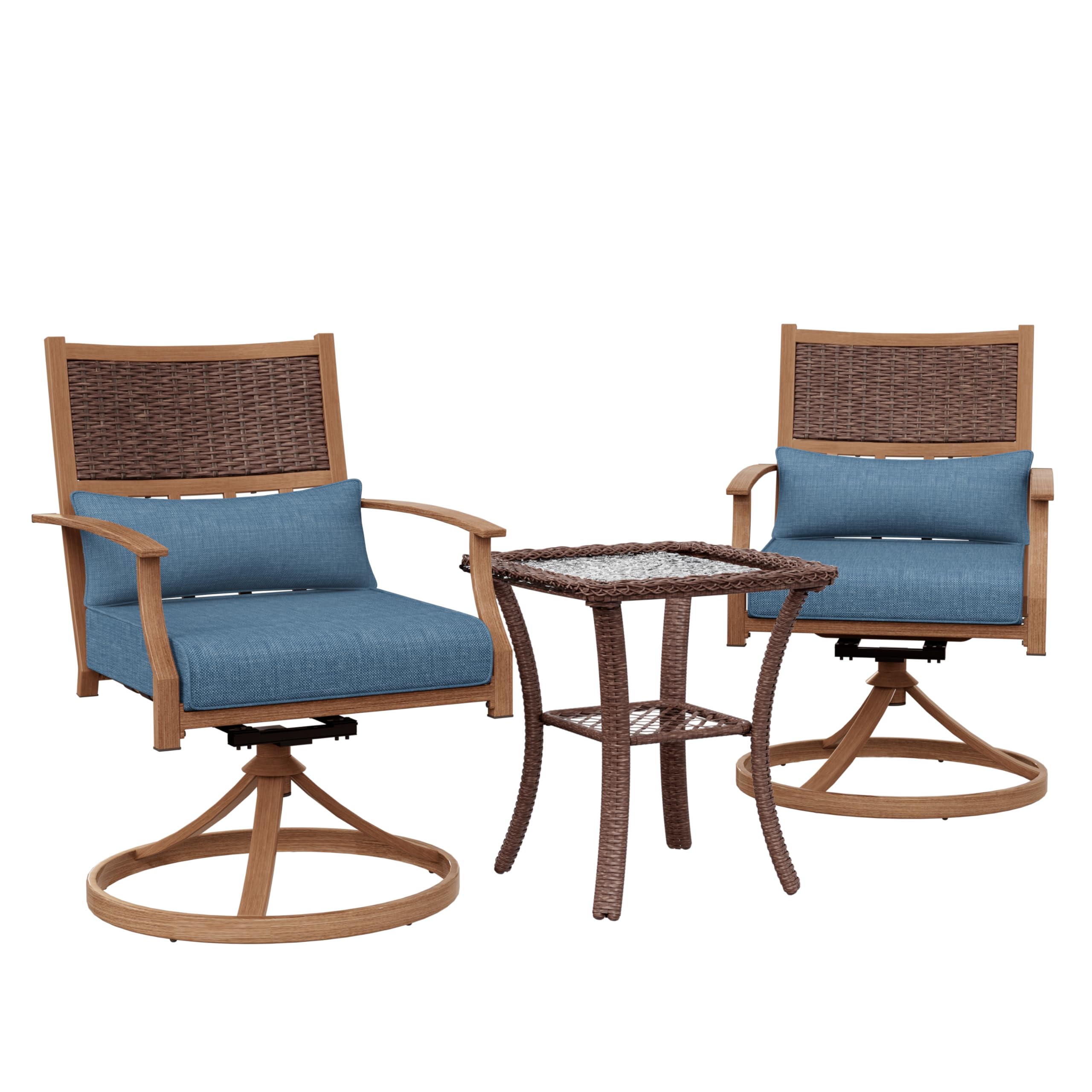 Amopatio 3 Pieces Patio Swivel Chairs Set of 2 with Wicker Table, Bistro Set with Swivel Rocker Chair, Outdoor Furniture with Thickened Cushions for Porch Backyard Deck (Blue)