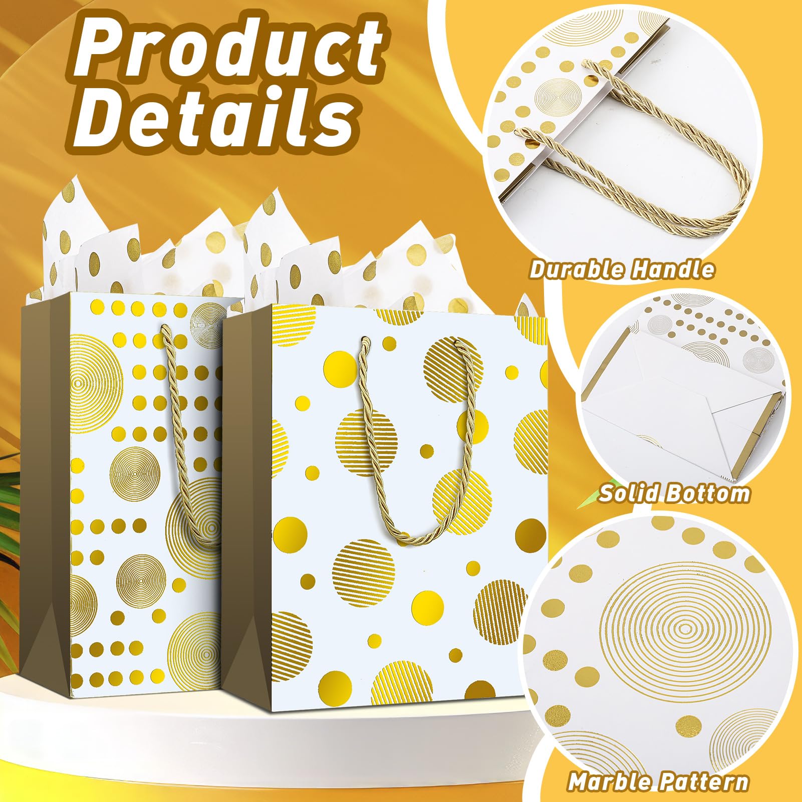 Fingertip WD 12 Pcs Medium Size Gift Bags with Tissue Paper, 9.1" x 6.9" x 3.9" Gold Gift Bags with Handles, Paper Gift Bags for Shopping, Wedding, Baby Shower, Holiday