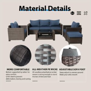 KJDFLJ Patio Furniture Set-Outdoor Furniture Wicker Patio Conversation Set, All-Weather PE Rattan Sectional Sofa with Cushions and Glass Coffee Table (Brown + Dark Blue, Slanting_7-Piece)