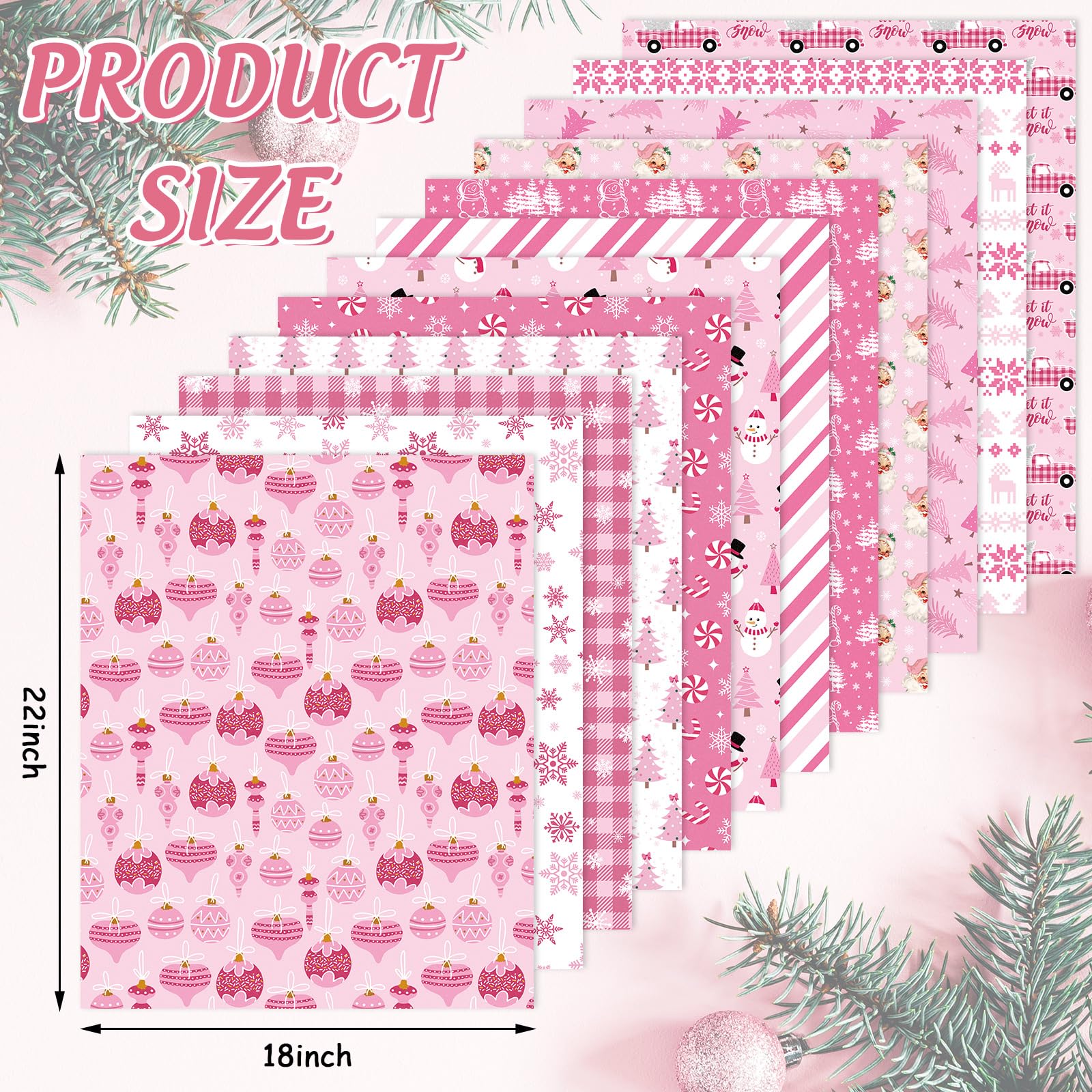 JarThenaAMCS 12Pcs Pink Christmas Cotton Fabric Bundles 18 x 22 Inch Xmas Tree Santa Snowflake Fat Quarters Pink White Sewing Fabrics for Xmas Winter DIY Craft Party Decor