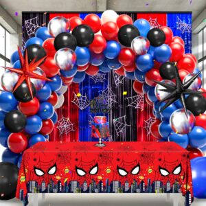 127pcs Spider Party Decorations Balloons Black Red and Blue Balloons Garland Kit Arch Backdrop Tablecloth Banner Cake Hero Theme Birthday Party Decorations Foil Fringe Curtains For Kids