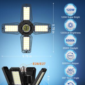 HAPYLUMI 120W LED Garage Light - 12000LM Garage Lights Ceiling Led with 4 Adjustable Panel Garage LED Lighting Screw in E26/E27 Bulb Socket 6500K LED Shop Light for Garage Basement Attic Barn