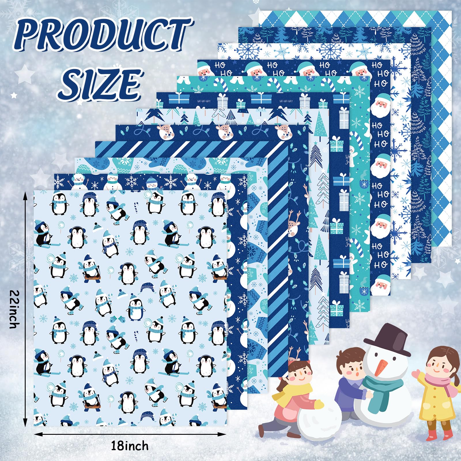 JarThenaAMCS 12Pcs Winter Cotton Fabric Bundles 18 x 22 Inch Snowflake Snowman Santa Penguin Fat Quarters Blue White Sewing Fabrics for Xmas Winter DIY Craft Party Decor