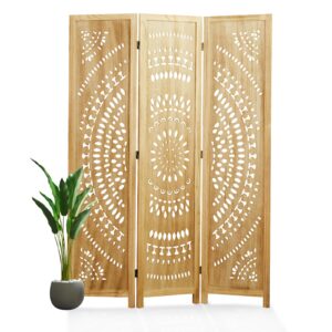 66.9inch folding room divider, 3 panels wood carved privacy screens, free assembled freestanding partition for home office restaurant bedroom (natural)