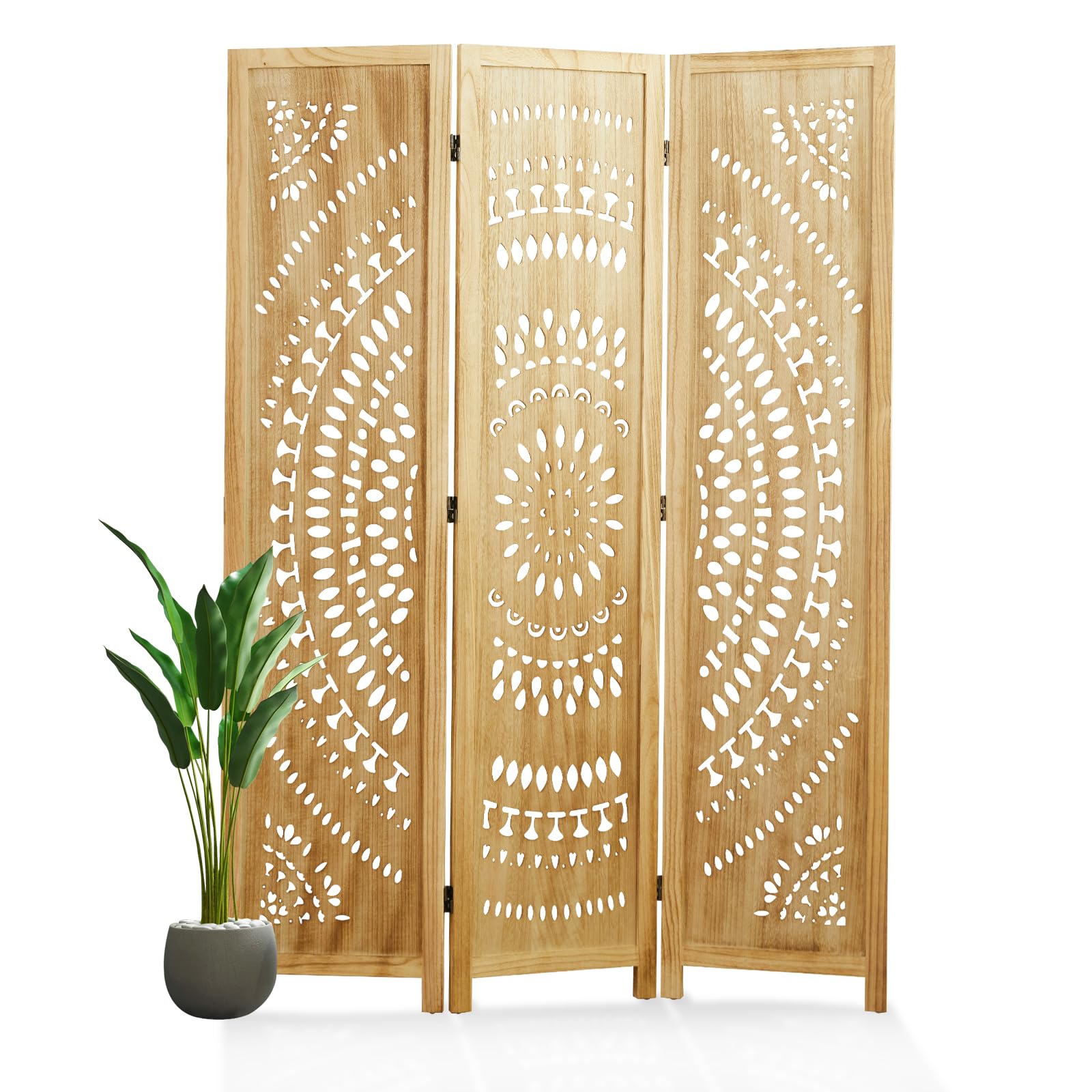 66.9Inch Folding Room Divider, 3 Panels Wood Carved Privacy Screens, Free Assembled Freestanding Partition for Home Office Restaurant Bedroom (Natural)