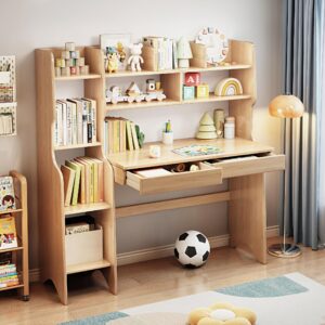 balanbo kids desk kids table with drawers and bookshelf rubber wood kids media desk student learning computer workstation and writing desk (natural)