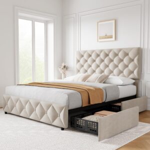 idealhouse queen size bed frame with 4 storage drawers, linen upholstered platform bed frame with adjustable headboard, diamond stitched button tufted, no box spring needed, off white