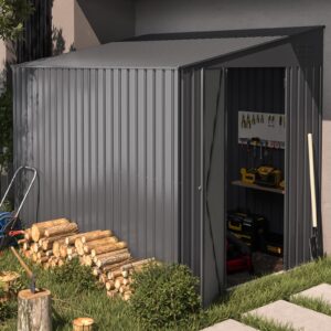 AECOJOY Shed Lean to Storage Shed, Outdoor 6' x 8' Metal Wall Side Bike Shed & Outdoor Storage, Garden Storage Cabinet for Backayrd, Patio and Outdoor Use in Dark Grey