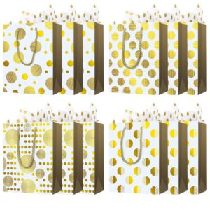 fingertip wd 12 pcs medium size gift bags with tissue paper, 9.1" x 6.9" x 3.9" gold gift bags with handles, paper gift bags for shopping, wedding, baby shower, holiday